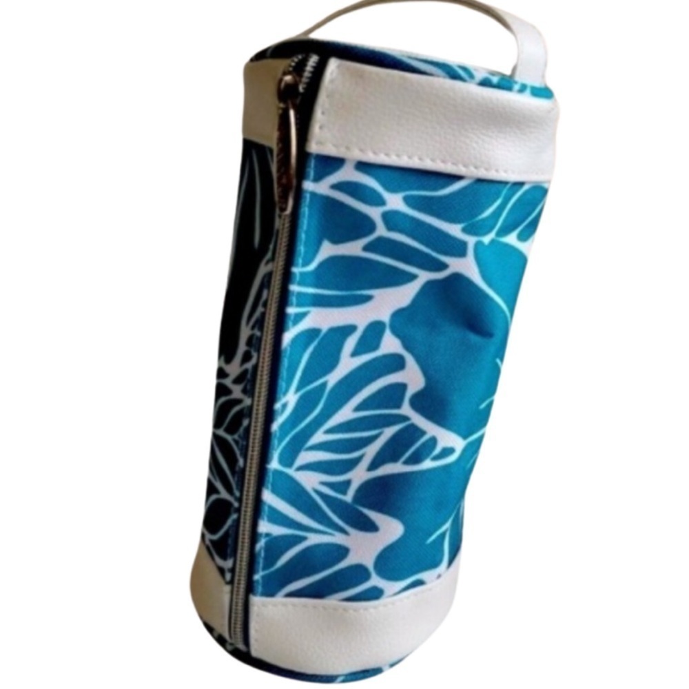 Lancome Round Makeup Bag Travel/Cosmetic Bag Case Small Teal & White Zip
